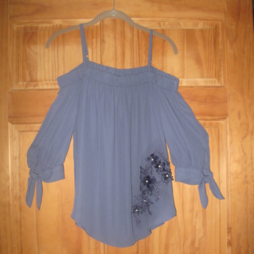 A. Byer Blue Sheer Cold Shoulder Blouse